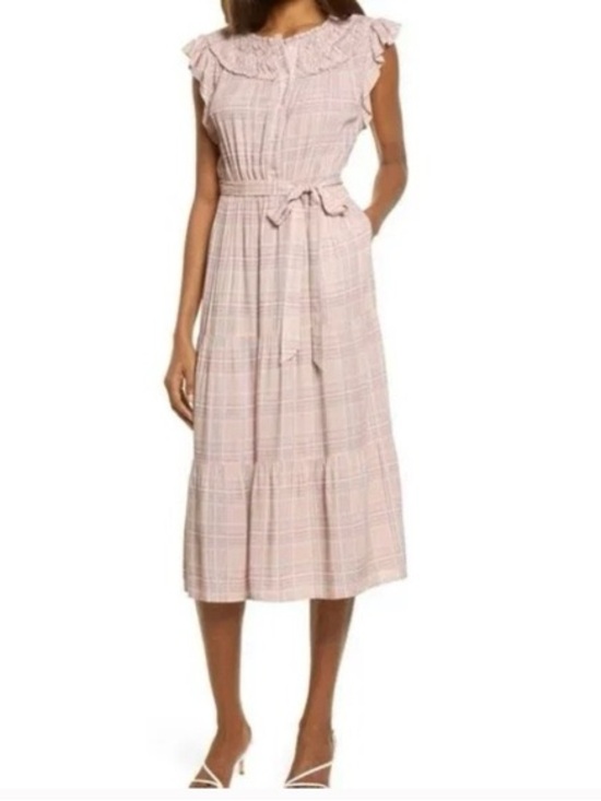 Adelyn Rae Dresses & Skirts - Adelyn Rae Sleeveless Pink Plaid Ruffle Midi Dress with Waist Tie, XS